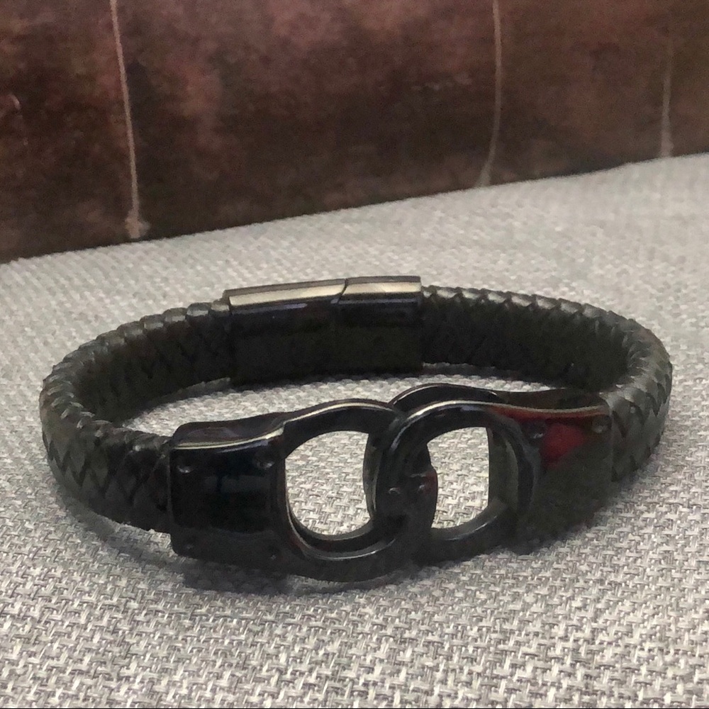 Leather & Stainless Steel Handcuff Bracelet